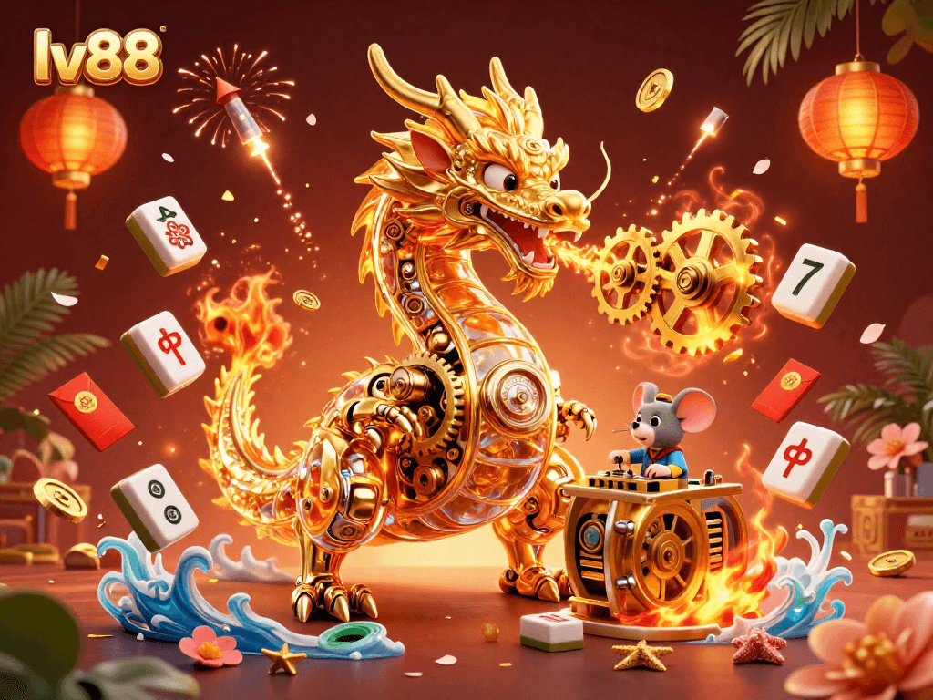Engage with lv88's casino magic featuring a golden dragon and vibrant game elements in this dynamic illustration.