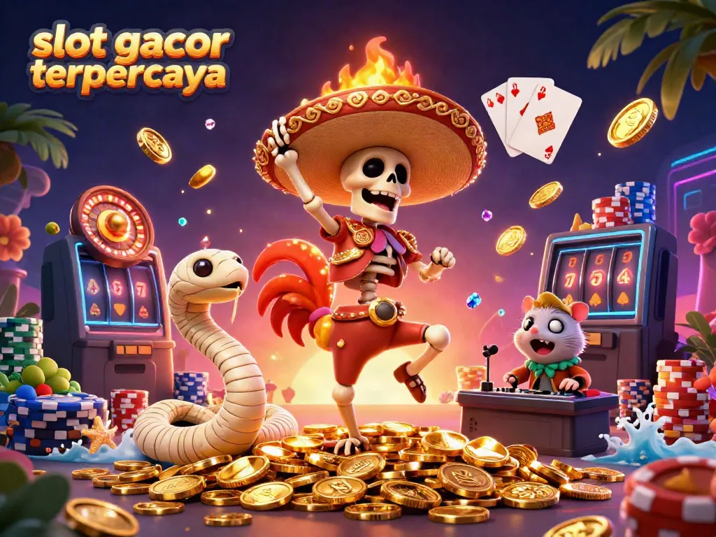 Slot gacor terpercaya meraikan jackpot dengan karakter menarik dan elemen kasino berkilauan.