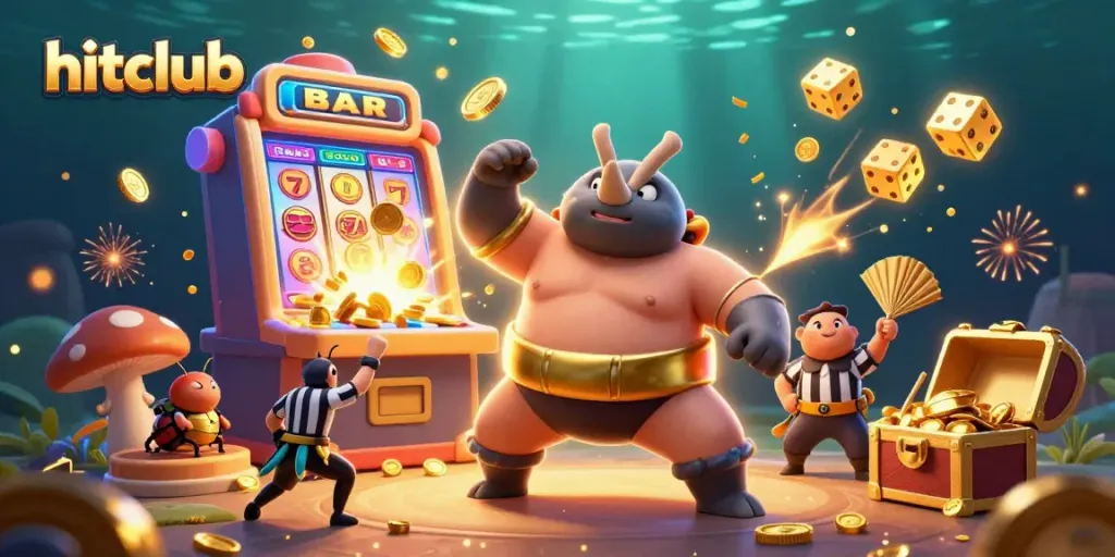 Hitclub showcases a dynamic casino scene with a rhinoceros beetle champion amidst flying coins and jackpots.