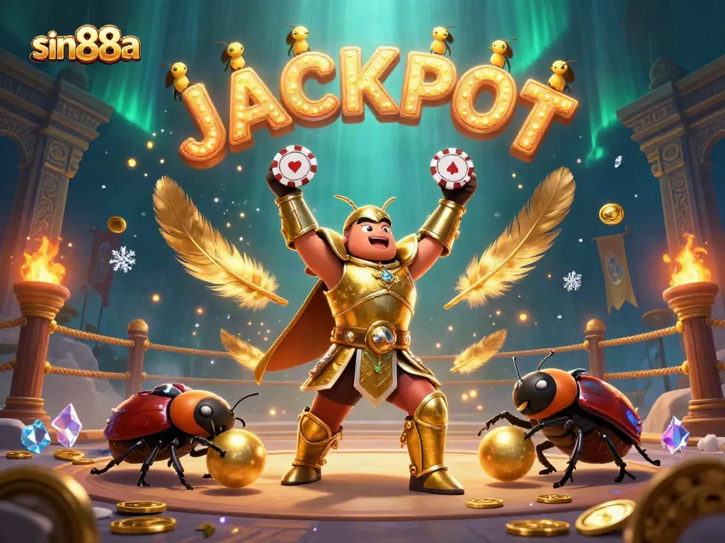 Win big with sin88a at the thrilling online casino featuring a victorious beetle and vibrant casino elements.