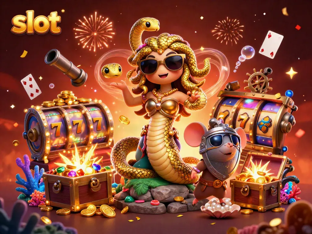Menangkan slot dengan ilustrasi kasino menarik dan karakter unik Medusa bersama mouse berperisai.