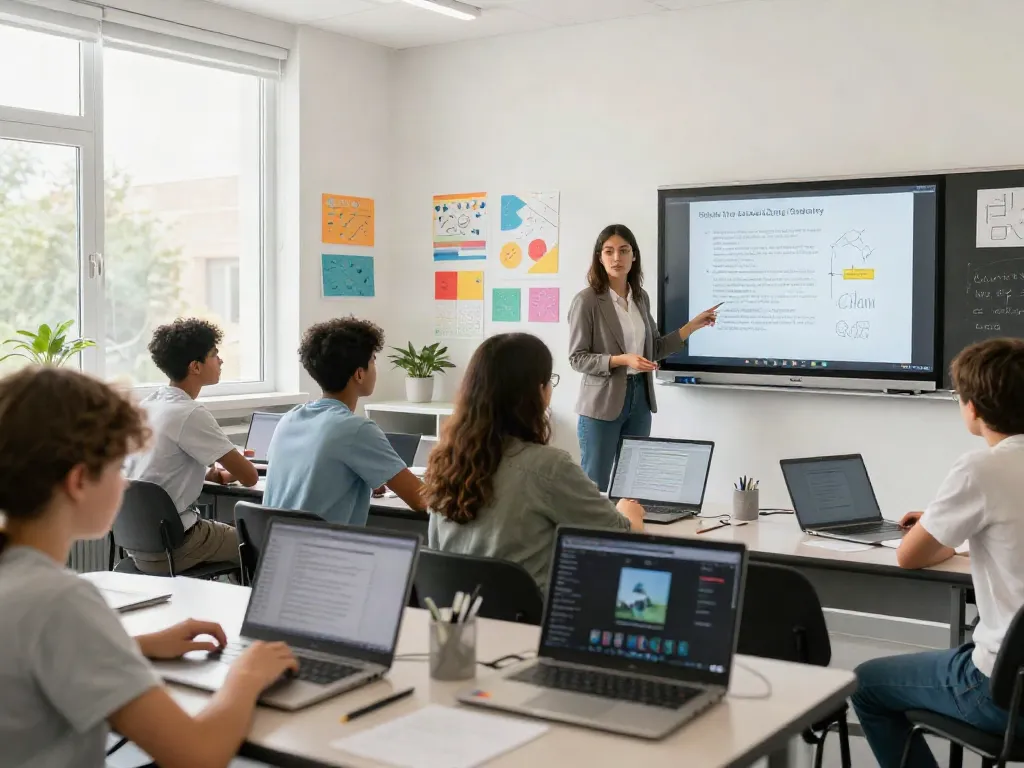 Pelajar menggunakan platform makmur77 dalam suasana kelas modern yang inspiratif.
