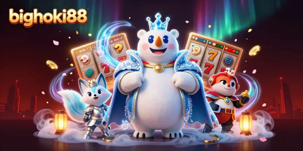 BIGHOKI88 menampilkan slot beruntung dan elemen jackpot dalam ilustrasi kasino menarik.