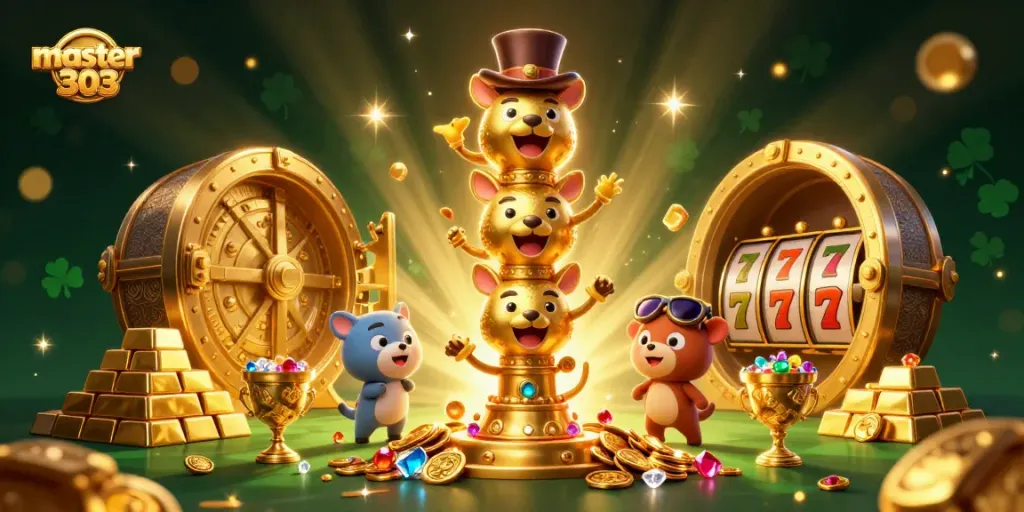 master303 menampilkan kasino dengan totem emas dan harta karun yang berkilauan