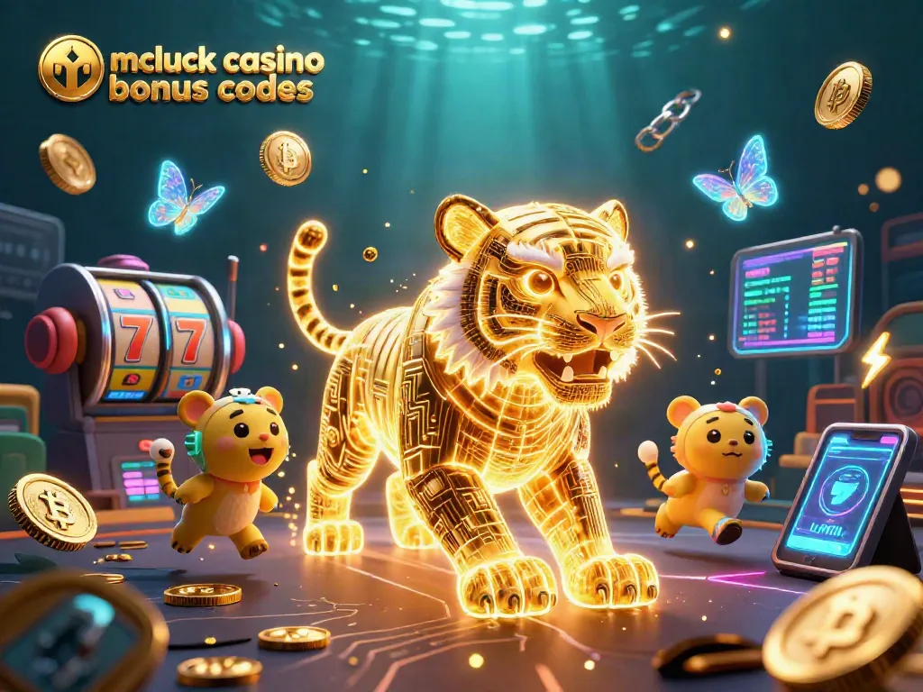 Experience exciting mcluck casino bonus codes with a vibrant 3D casino adventure featuring slot reels and crypto elements.