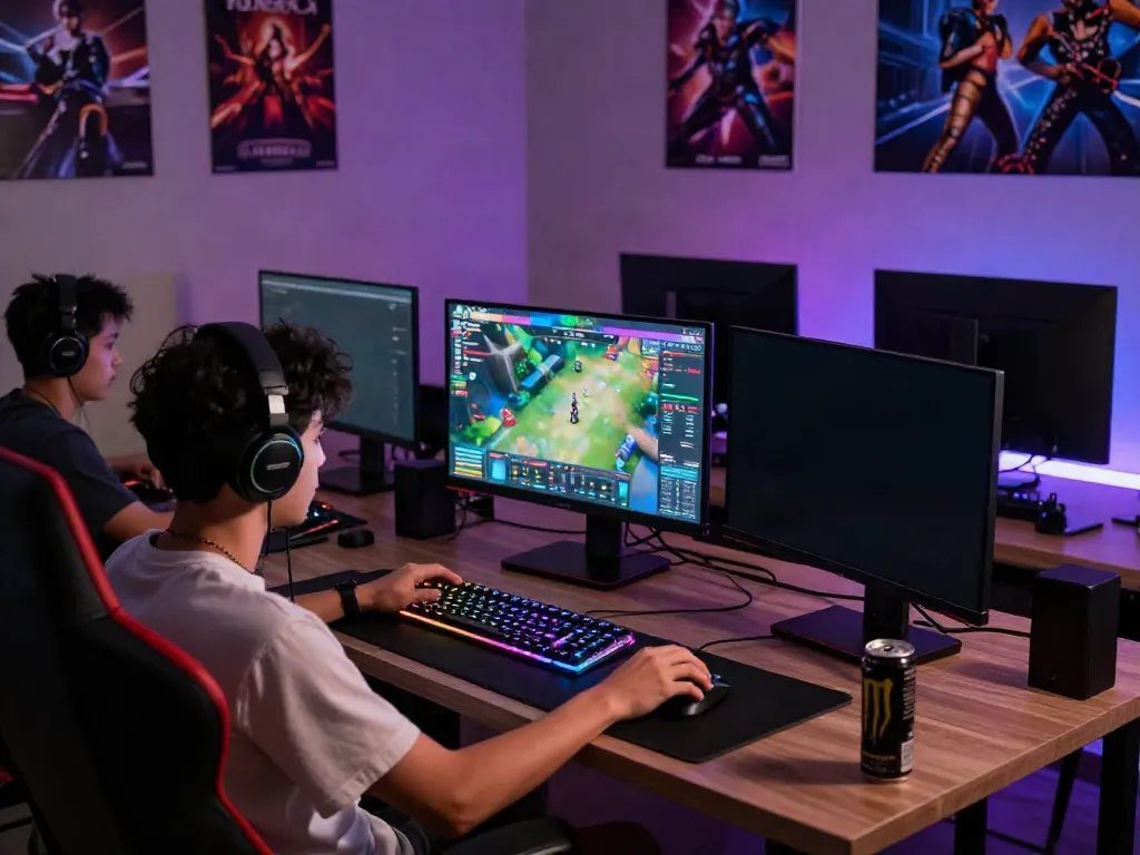 Exciting QQMacan gaming setup featuring a focused gamer and vibrant screen.