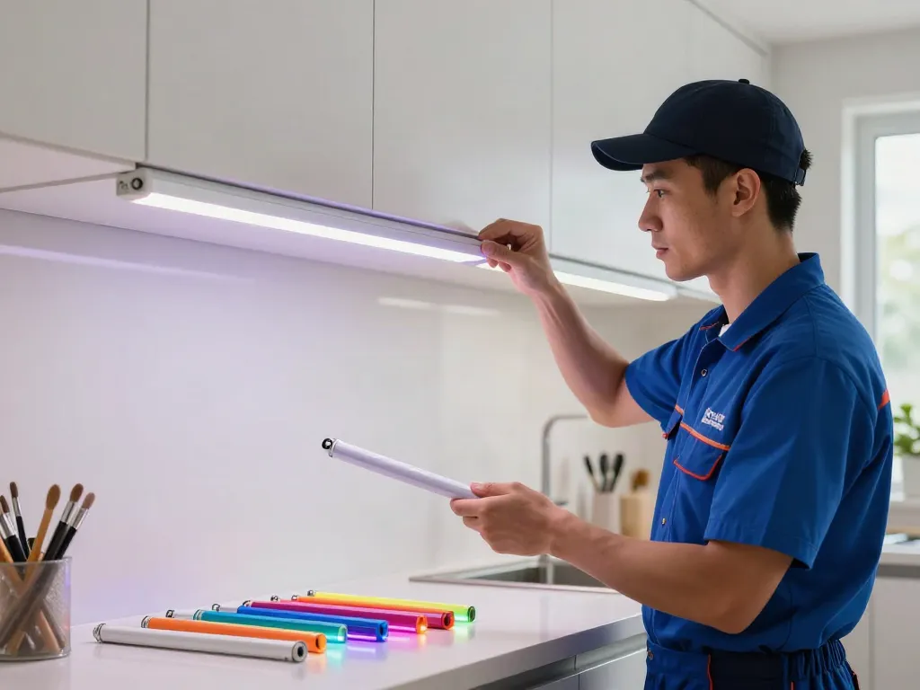 Banda LED 220V instalată de un profesionist de încredere în bucătăria locală.