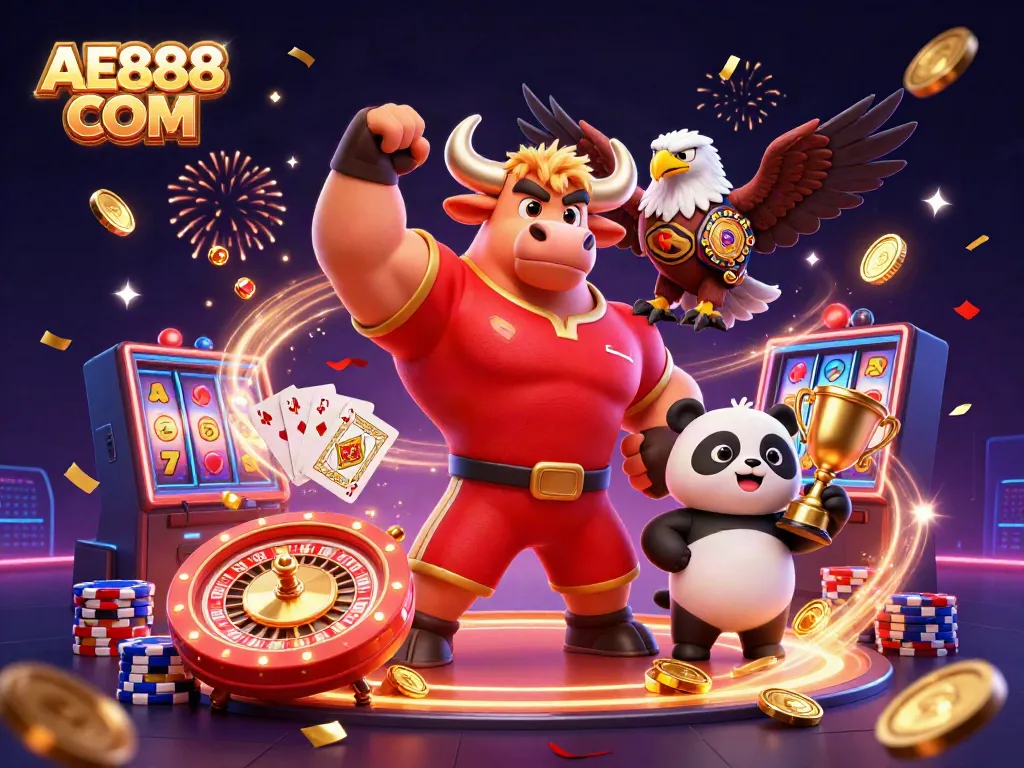 Join the excitement with AE888 COM featuring a bull mascot, eagle, and panda in a vibrant casino scene.