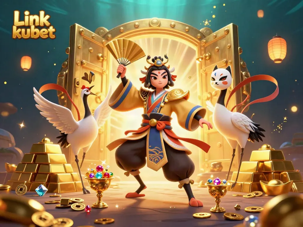 Experience the excitement of Link kubet with an engaging 3D casino themed scene featuring unique characters and treasures.