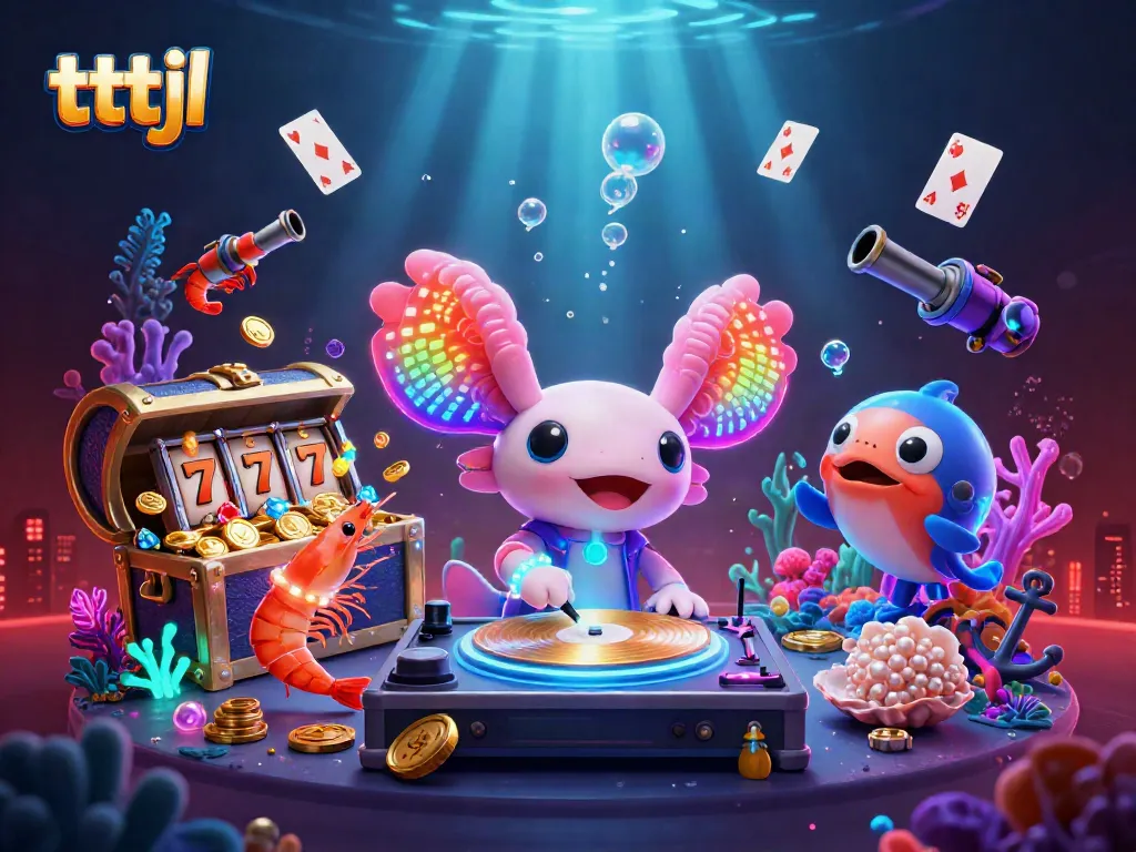 Engage with tttjl's vibrant underwater casino scene featuring an axolotl DJ and treasure.