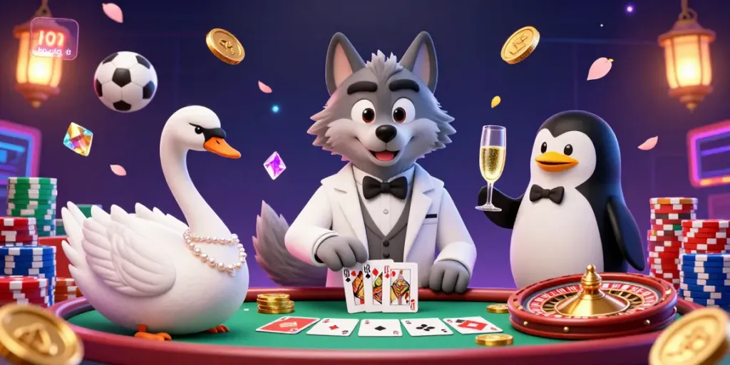 Experience thrilling kèo bóng đá action with an elegant swan dealer, debonair wolf, and sophisticated penguin, amidst vibrant gambling elements.