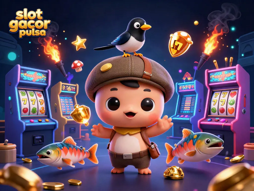 Experience slot gacor pulsa excitement with lively cartoon characters and vibrant slot machine elements.
