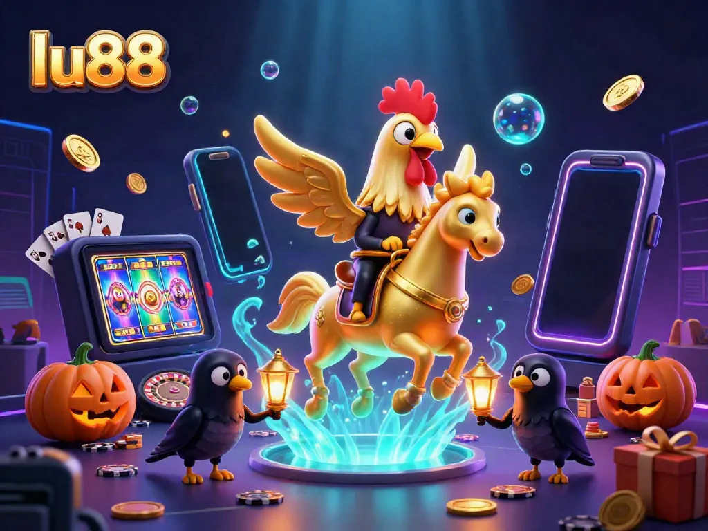 Experience the excitement of lu88 casino games with a vibrant 3D illustration of a golden rooster amidst lively gaming elements.