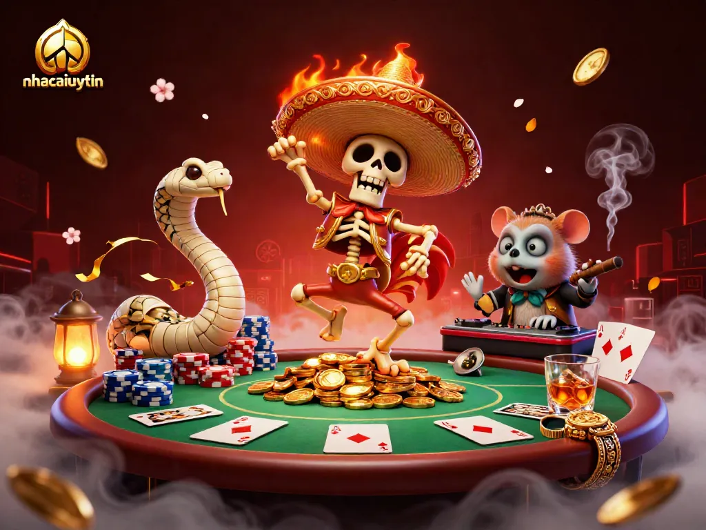Play exciting games at nhacaiuytin with vibrant casino characters celebrating wins among poker elements!
