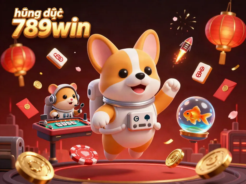 Experience an engaging hướng dẫn 789win showcasing a playful corgi astronaut in a vibrant casino scene.