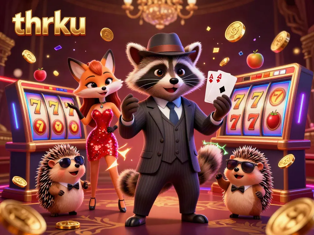 Experience thrilling moments at thrku with a raccoon showcasing a royal flush, surrounded by vibrant online casino elements.