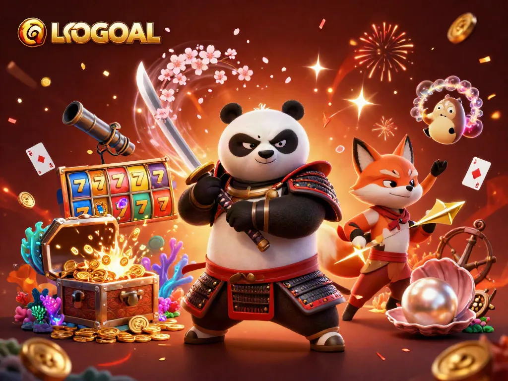 Experience thrilling gameplay with LGOGOAL as a samurai panda and ninja fox celebrate winnings surrounded by slot reels.