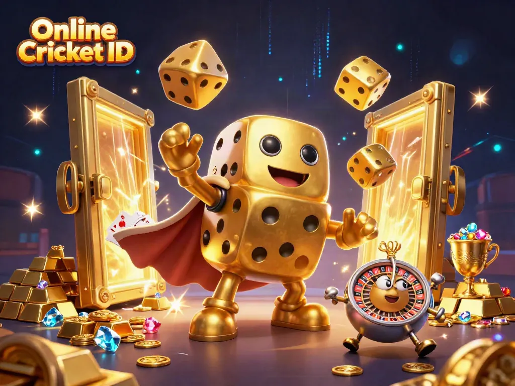 Engage in thrilling online cricket betting with a vibrant and dynamic Online Cricket ID scene featuring golden dice and treasures.