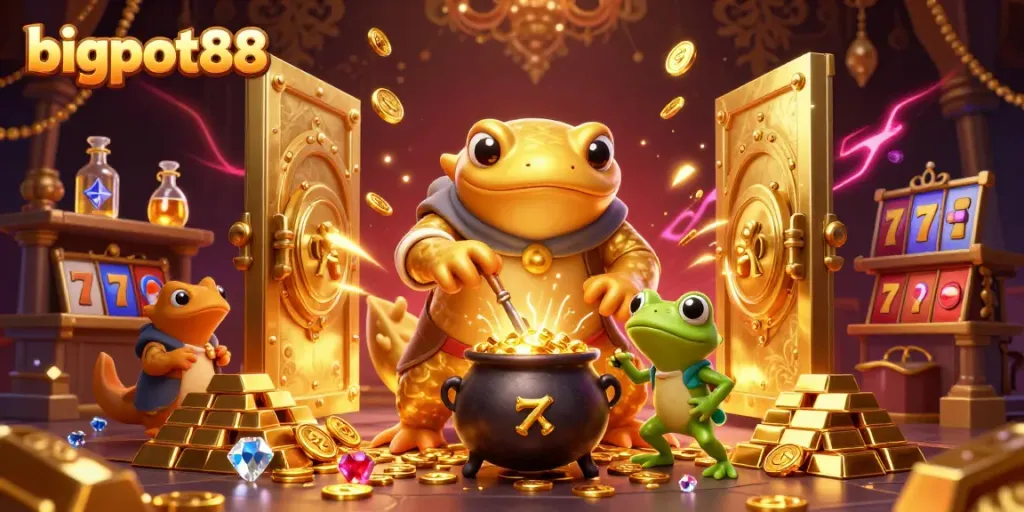 Engage with bigpot88 through a vibrant fantasy scene filled with gold coins and playful alchemists.