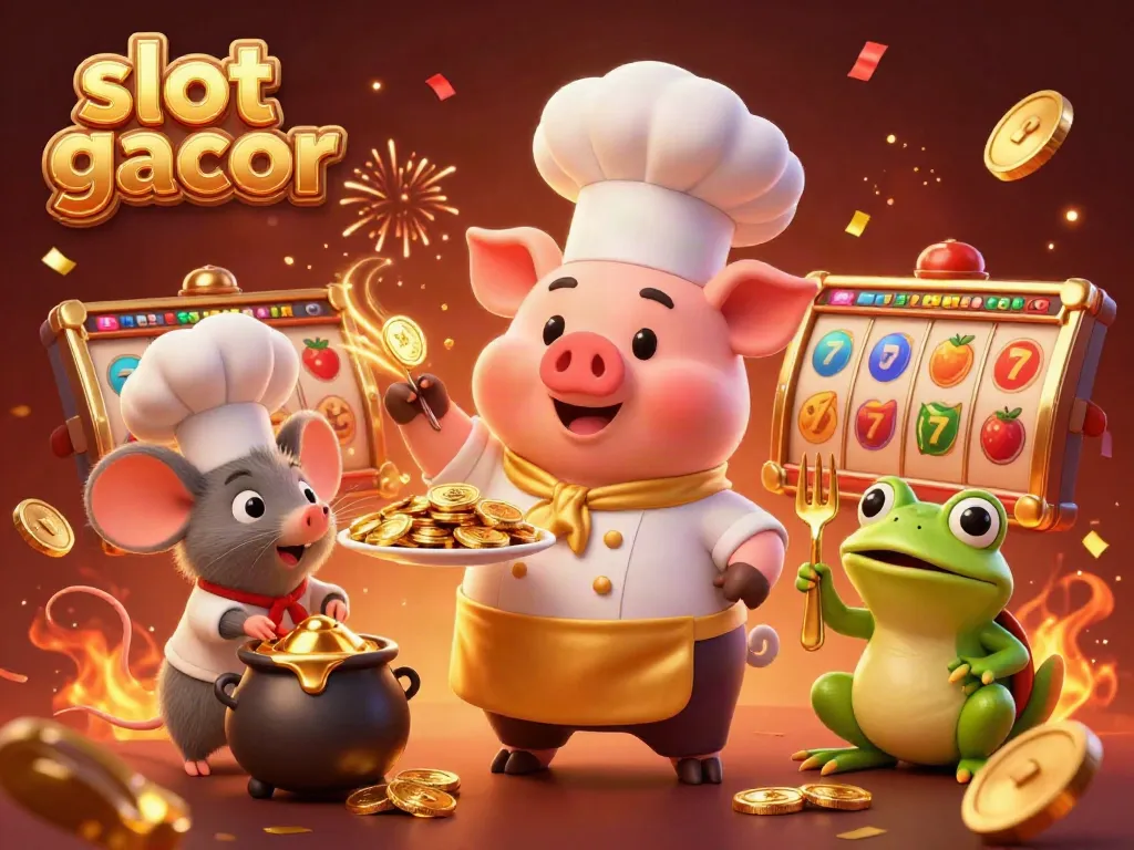 Ilustrasi slot gacor yang menunjukkan babi koki, mouse juru masak, dan katak kritikus makanan di tengah suasana kasino yang meriah.