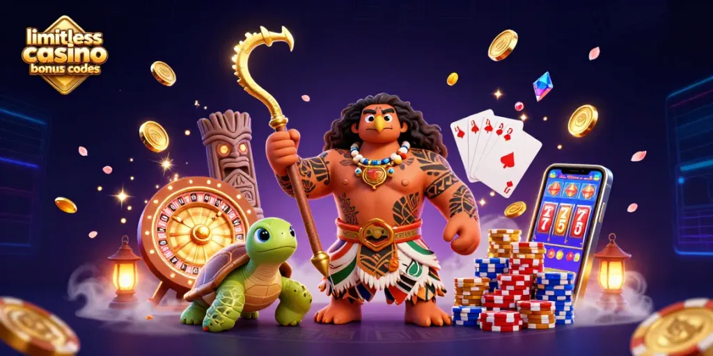 Engage with limitless casino bonus codes featuring vibrant scene with Polynesian hawk and turtle amidst casino elements.