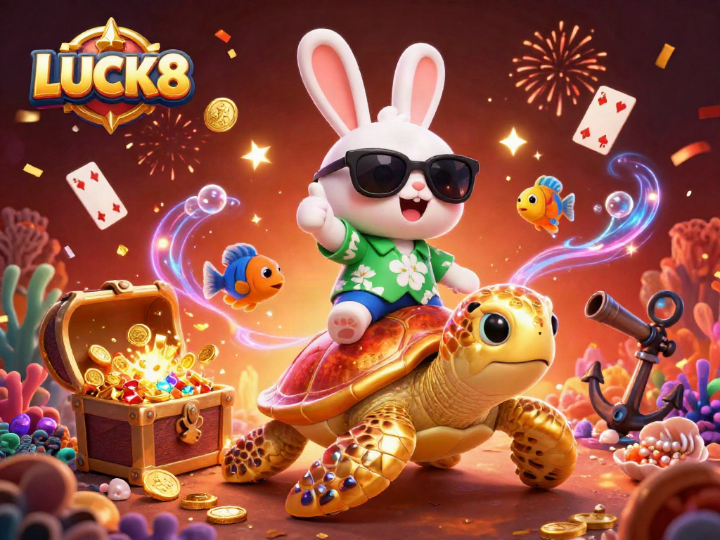 LUCK8 mang đến hình ảnh chú thỏ may mắn 3D vui nhộn trên con rùa vàng đại dương.