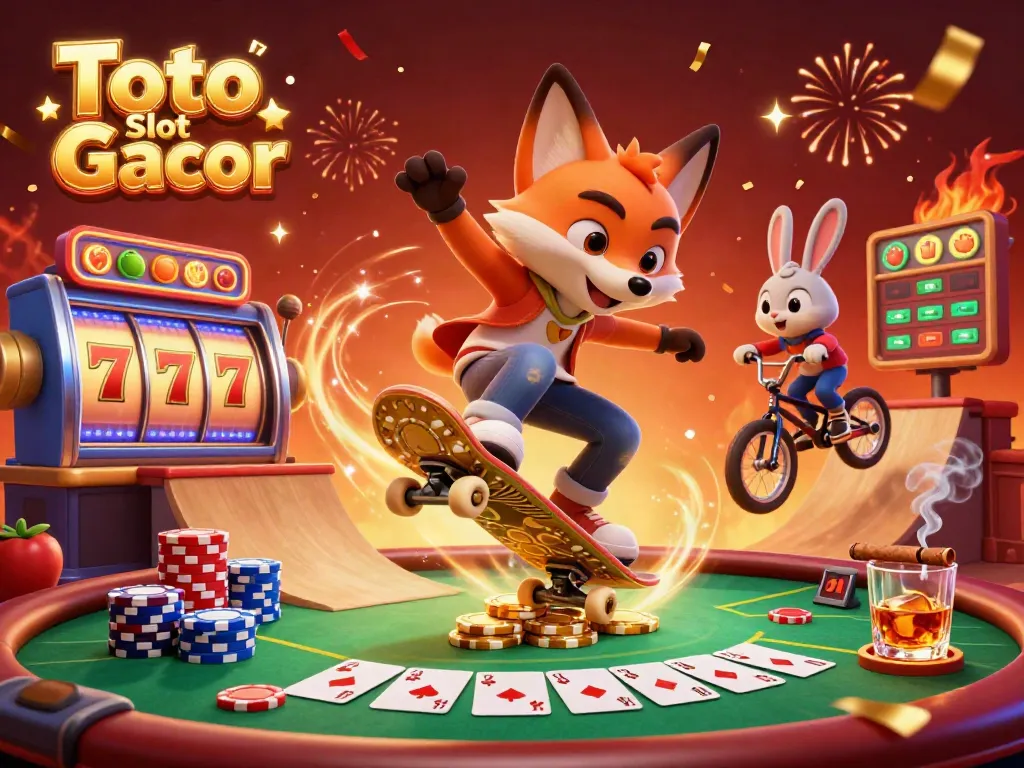 Toto Slot Gacor menghadirkan suasana ceria dengan fox skateboarder dan kelinci BMX beraksi di kasino.