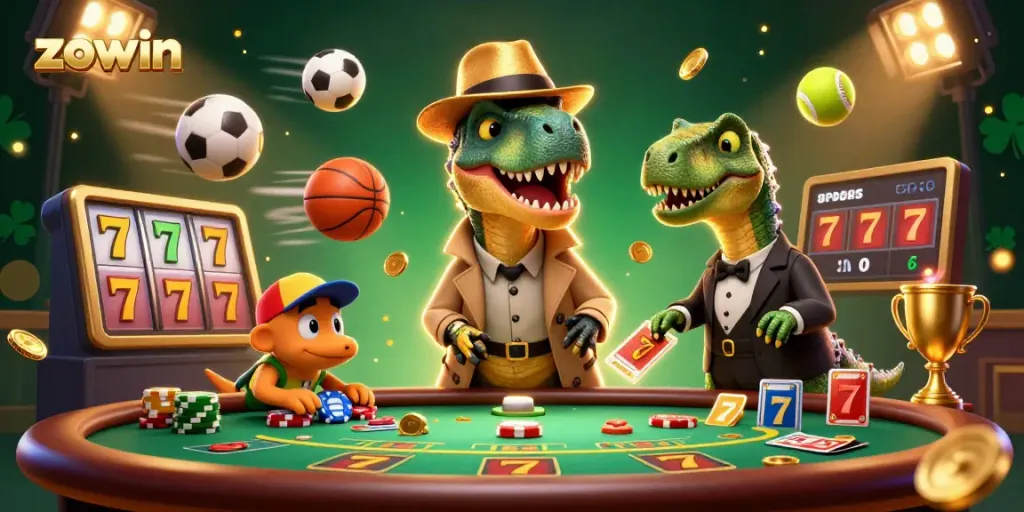 Zowin players engage thrilling slots action with a cartoon velociraptor counter at a blackjack table.