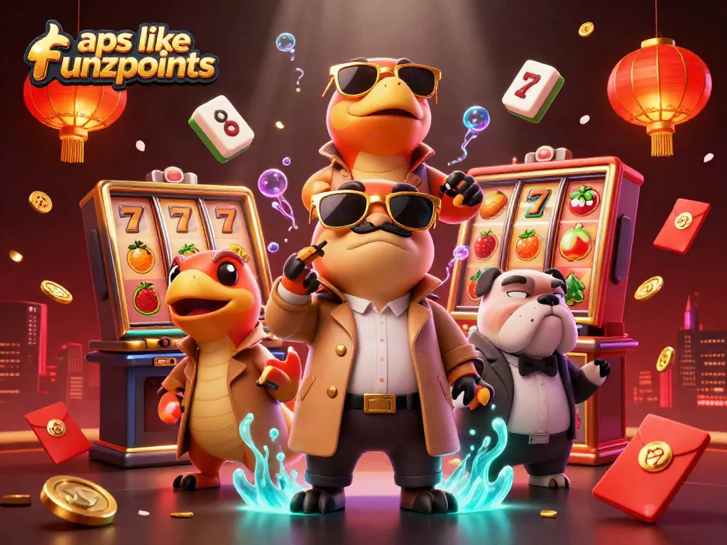 Engage with top apps like Funzpoints, featuring raptors at a casino, under vibrant lights.