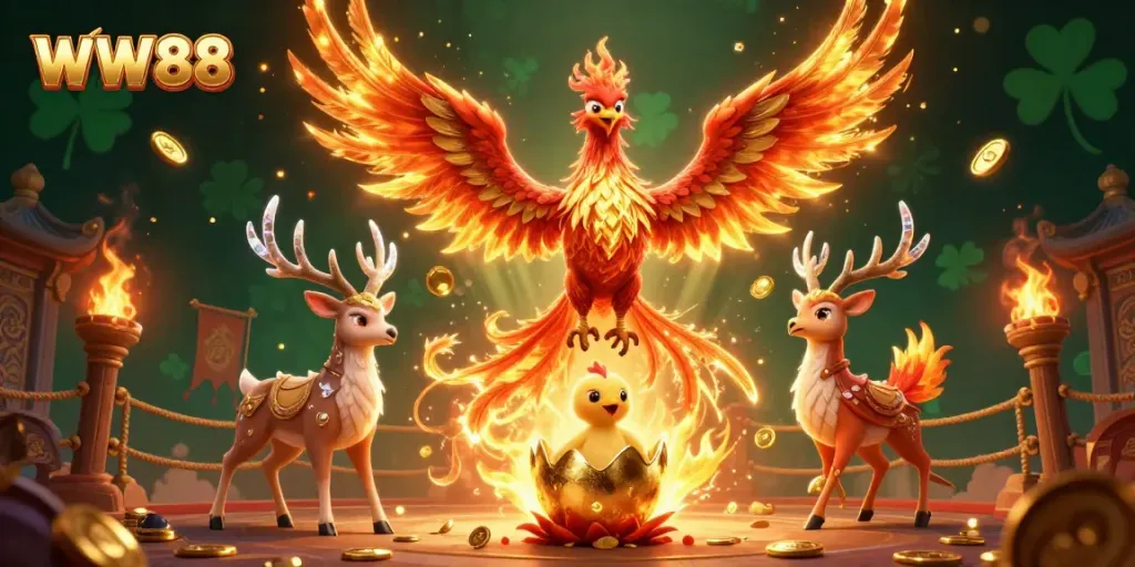 Experience the vibrant WW88 gaming atmosphere with a fiery phoenix, a hatching chick, and a mystical stag amid dynamic game elements.