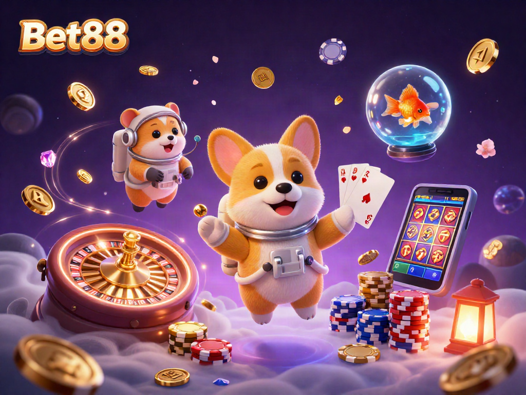 Bet88 offers a thrilling gaming experience with vibrant casino visuals and engaging characters.