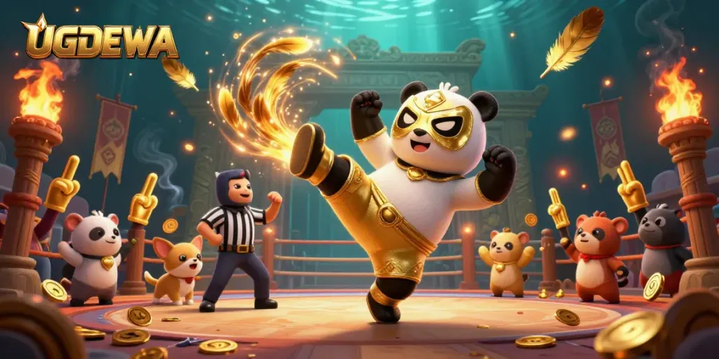 UGDEWA showcases thrilling gaming action with a panda wrestler and animal crowd in a vibrant arena.
