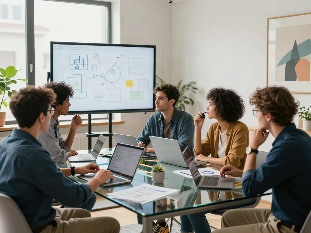 A80 teamwork scene with professionals collaborating in a modern office.