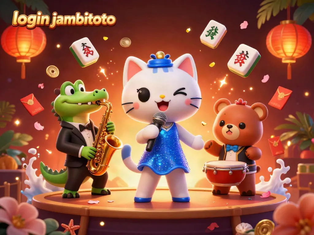 Experience the excitement with login jambitoto as a jazzy cat performs on stage surrounded by vibrant casino elements.