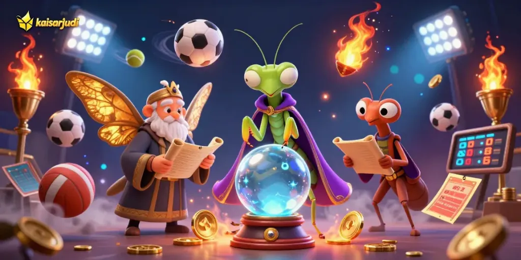 Kaisarjudi showcases a mystical scene with fortune tellers and sports elements for winning strategies.