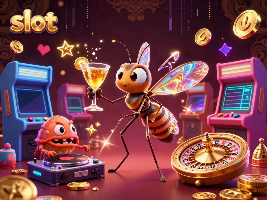 Engaging slot casino scene featuring a frozen-in-amber mosquito mascot, trilobite DJ, and golden roulette wheel.