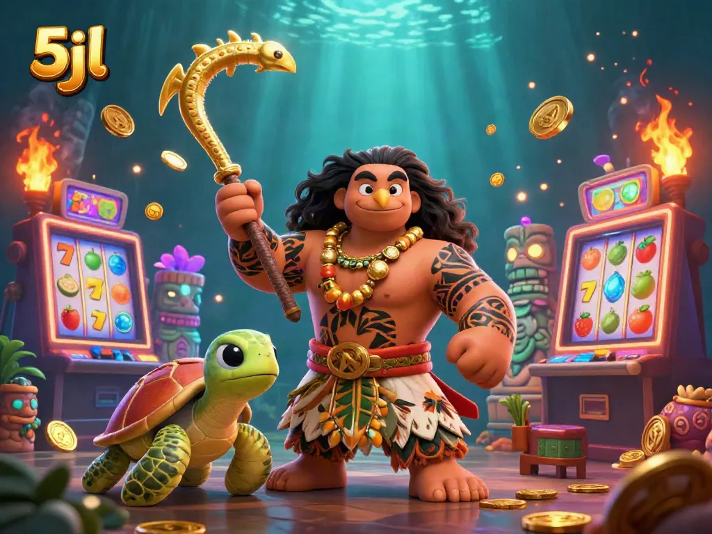 5jl casino illustration showcasing a Hawaiian demigod hawk with colorful slot machines and vibrant coins.