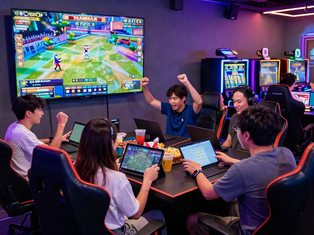 Players enjoying slot gacor in a lively gaming room with vibrant lights.