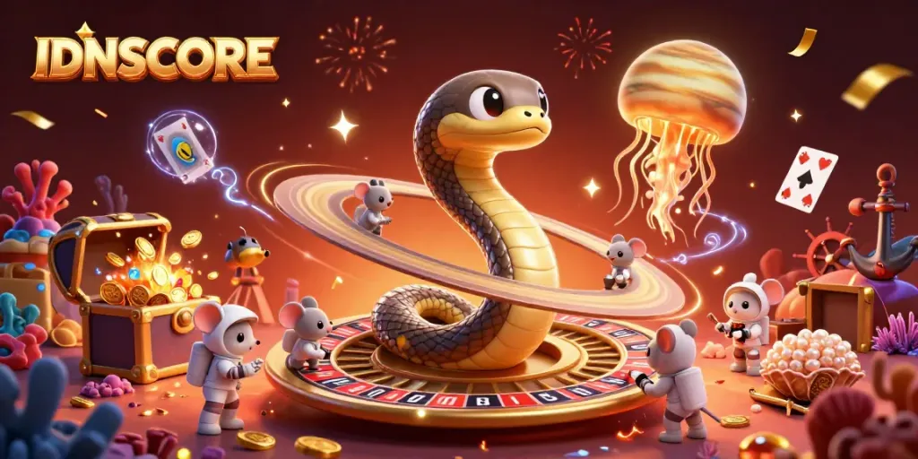 IDNSCORE brings excitement as astronaut mice bet on cosmic roulette, with an enchanting jellyfish dealer.