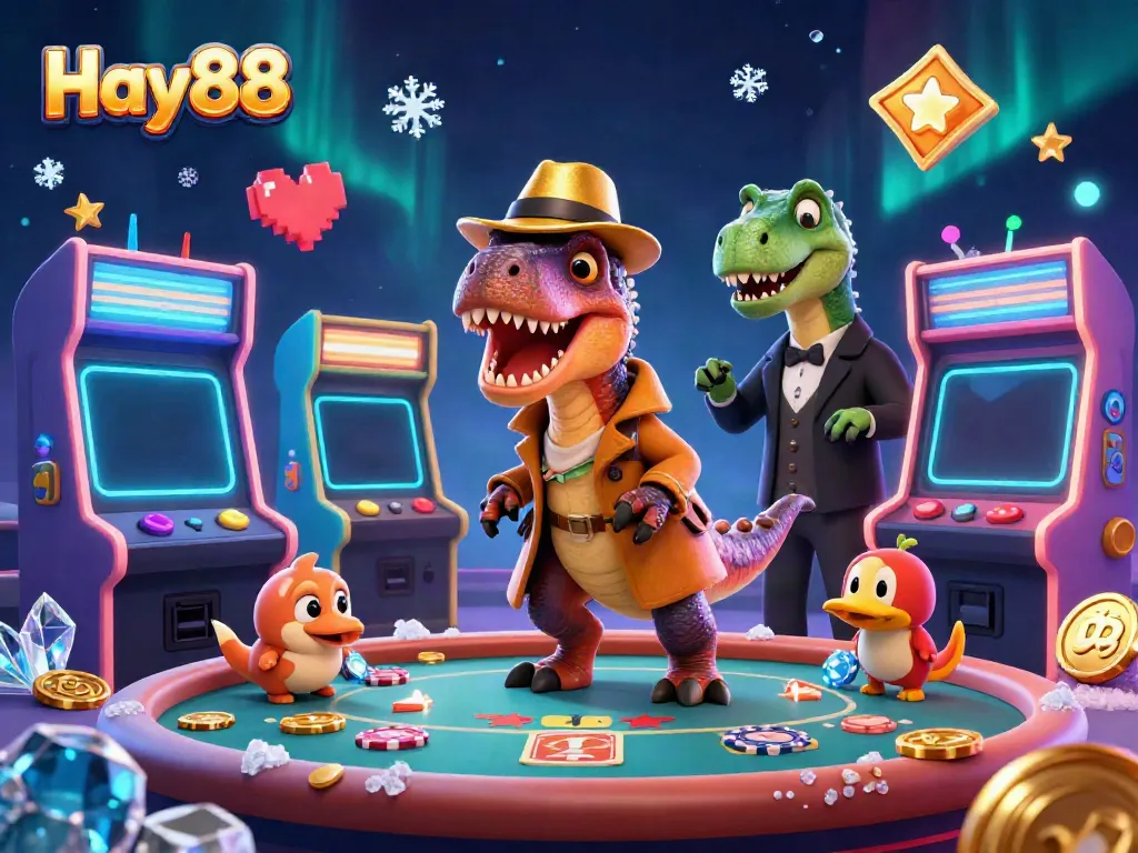 Hay88 brings excitement with a cartoon velociraptor card counter at a blackjack table, surrounded by gaming elements.