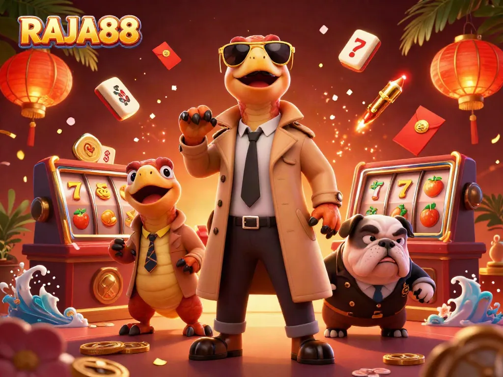 Raja88 menampilkan tiga raptor kartun memasuki lounge kasino VIP dengan elemen perjudian menawan.