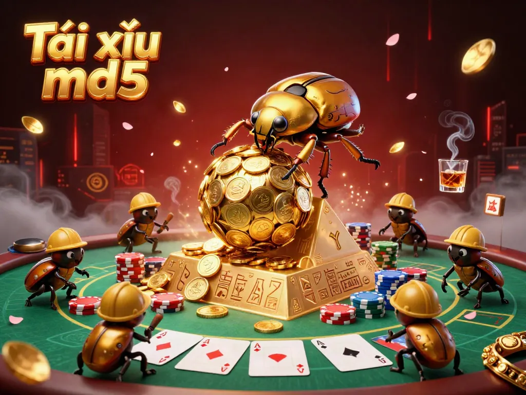 Tài xỉu md5 game scene with a golden beetle rolling coins, poker elements, and vibrant colors.