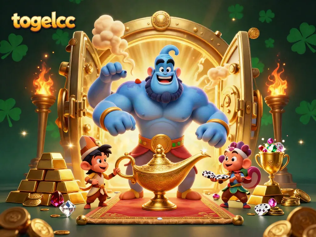 Enjoy the vibrant world of togelcc filled with a 3D cartoon genie, treasure, and poker elements.