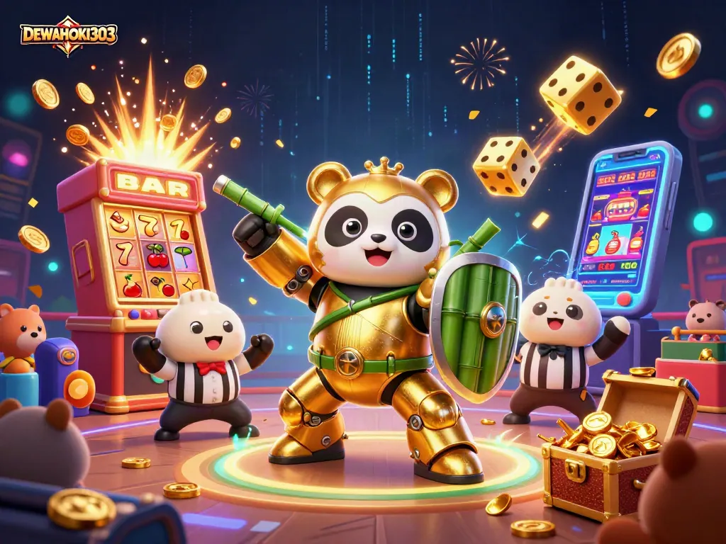 DEWAHOKI303 memicu jackpot dengan simbol keberuntungan dalam ilustrasi kasino yang dinamis.