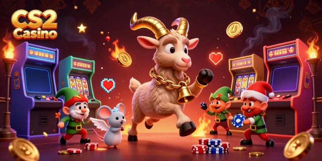 Engaging CS2 Casino scene featuring a whimsical Krampus goat, an angel mouse, and elf gremlins in a festive atmosphere.