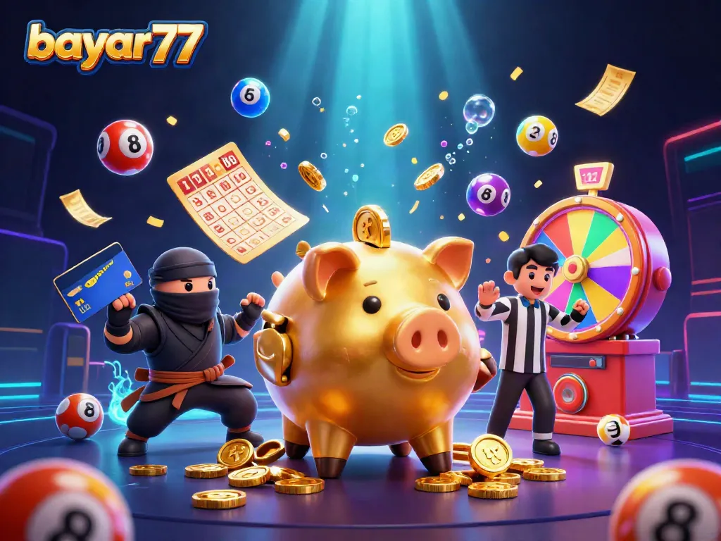 Experience thrilling gameplay with bayar77 featuring a cartoon golden piggy bank sumo wrestler amidst vibrant lottery elements.