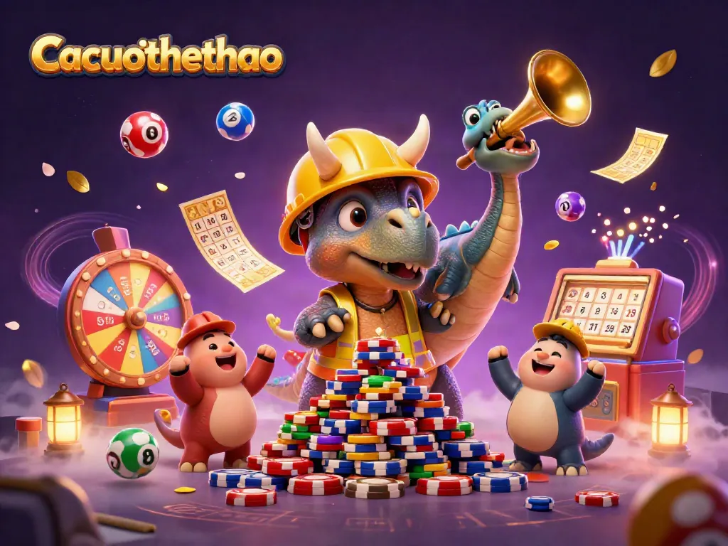 Cacuocthethao showcases a vibrant 3D scene with a triceratops building poker chip pyramids and celebration elements.