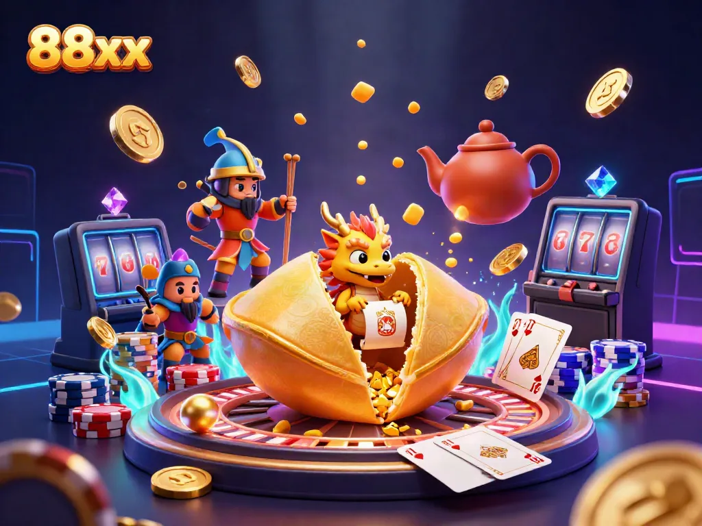Witness 88xx gaming magic with a golden cookie fortune, dragons, and gems!
