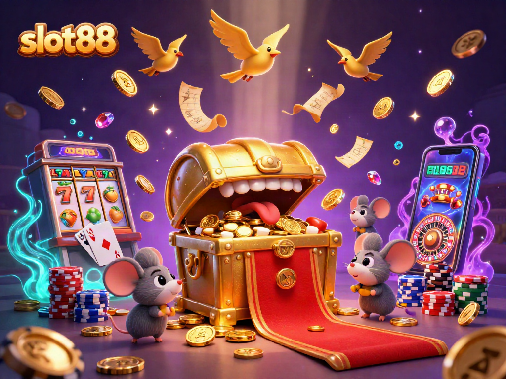 Experience slot88 excitement with colorful slot machine reels and golden treasure in a vibrant casino scene.