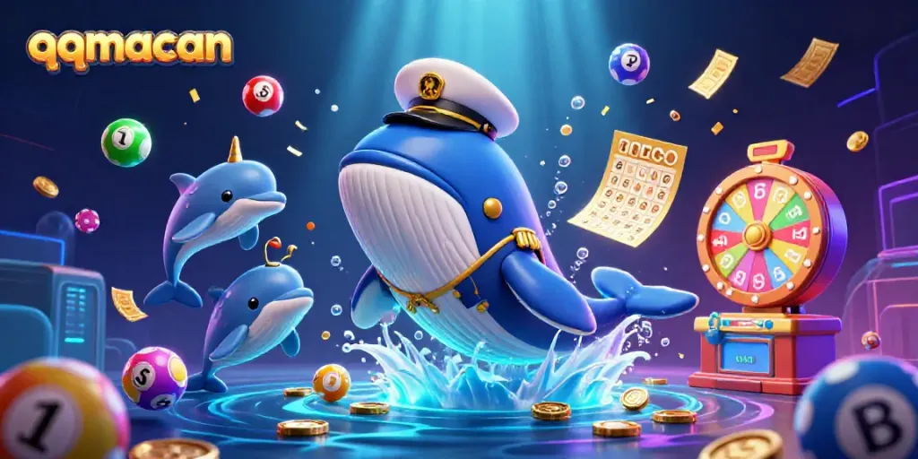 Engage with qqmacan as a whale captain breaching coins while surrounded by colorful gambling elements.